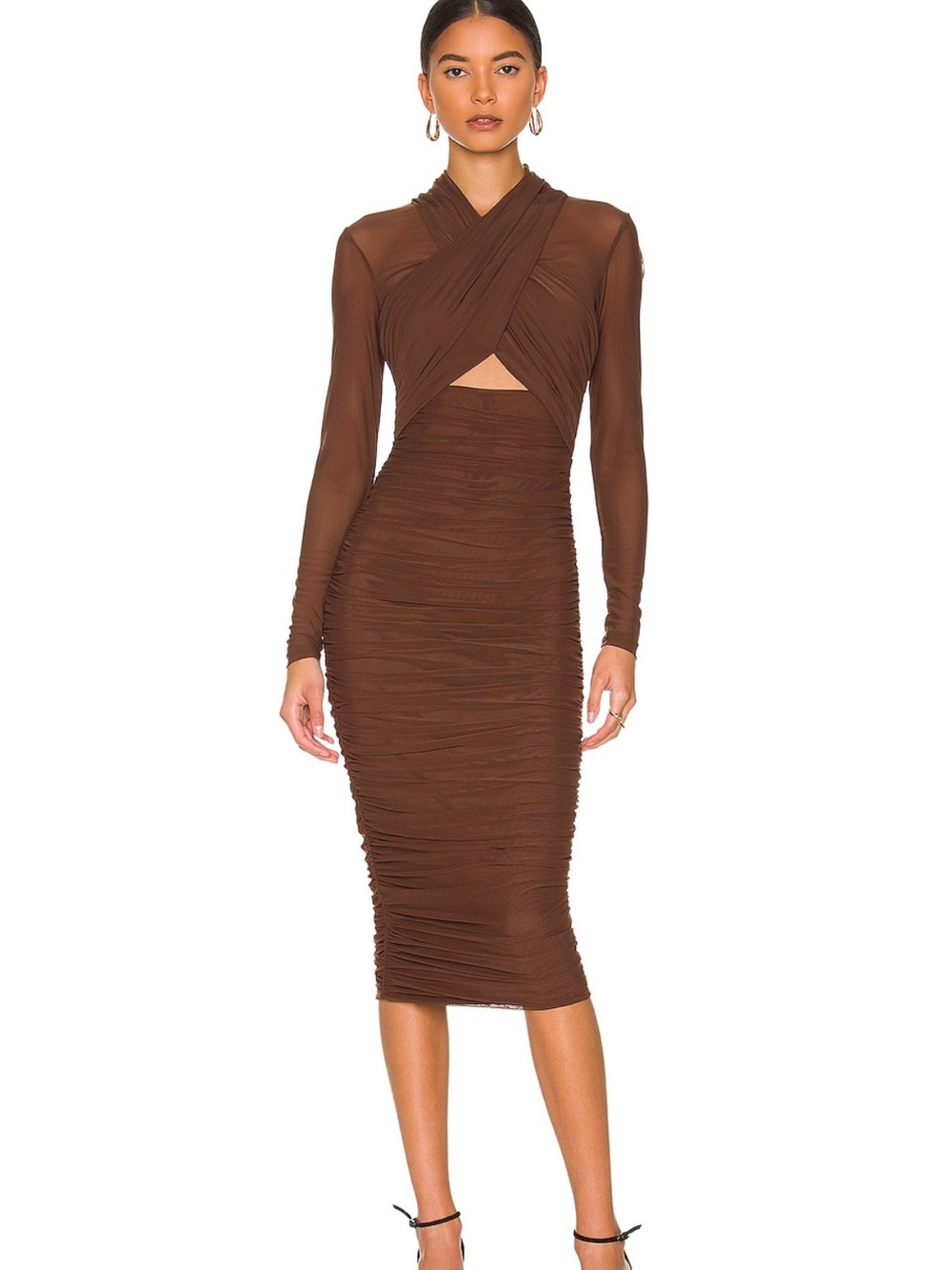 Bardot Brown Long-Sleeve Ruched Midi Dress with Cutout